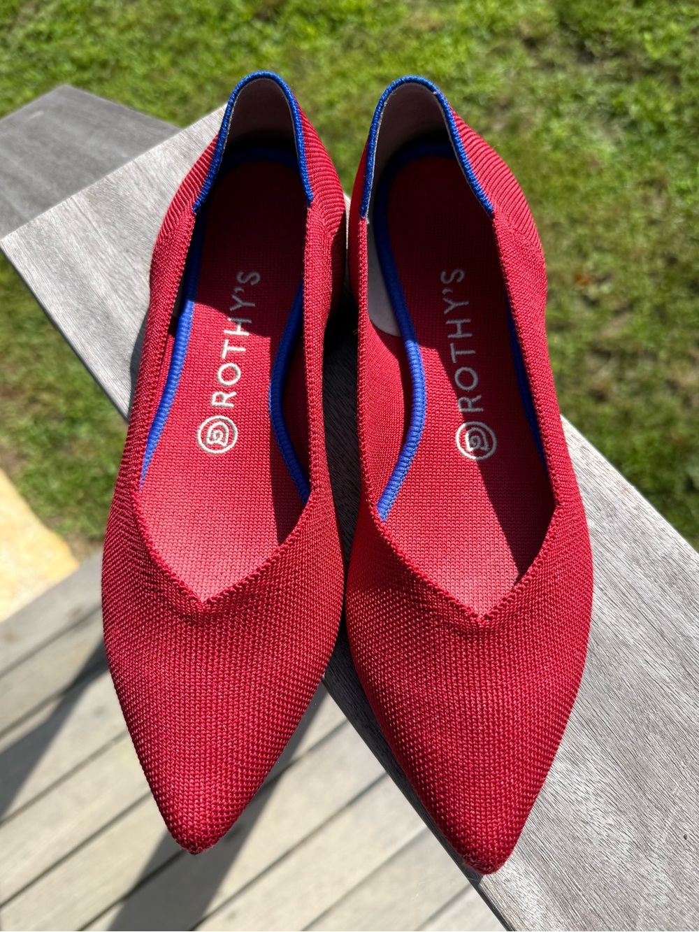 Rothy's Pointed Knit Flat in Red with Blue Trim
